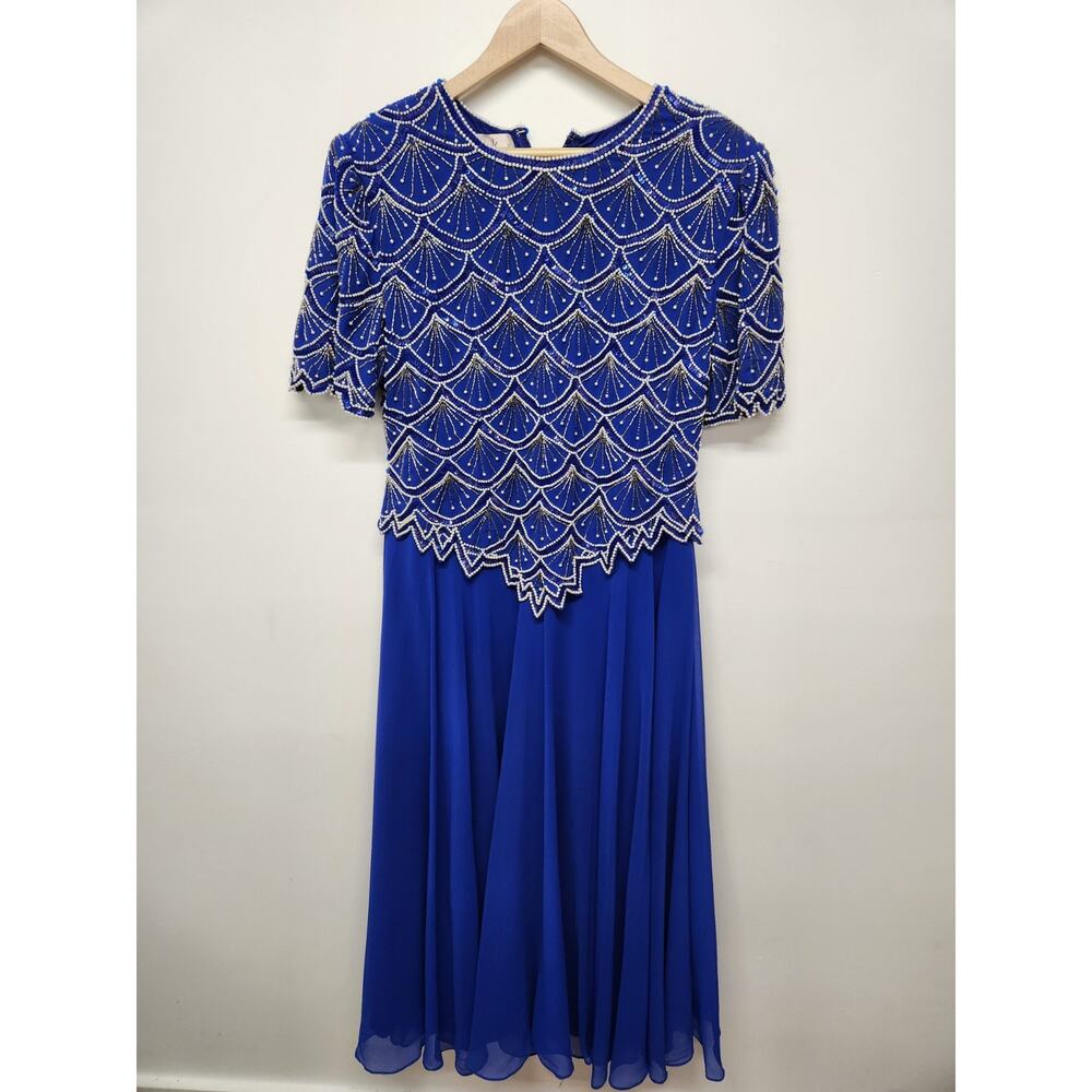 NWT Vintage Laurence Kazar Women's Beaded Chiffon Cobalt Blue Maxi Dress, Sz XL